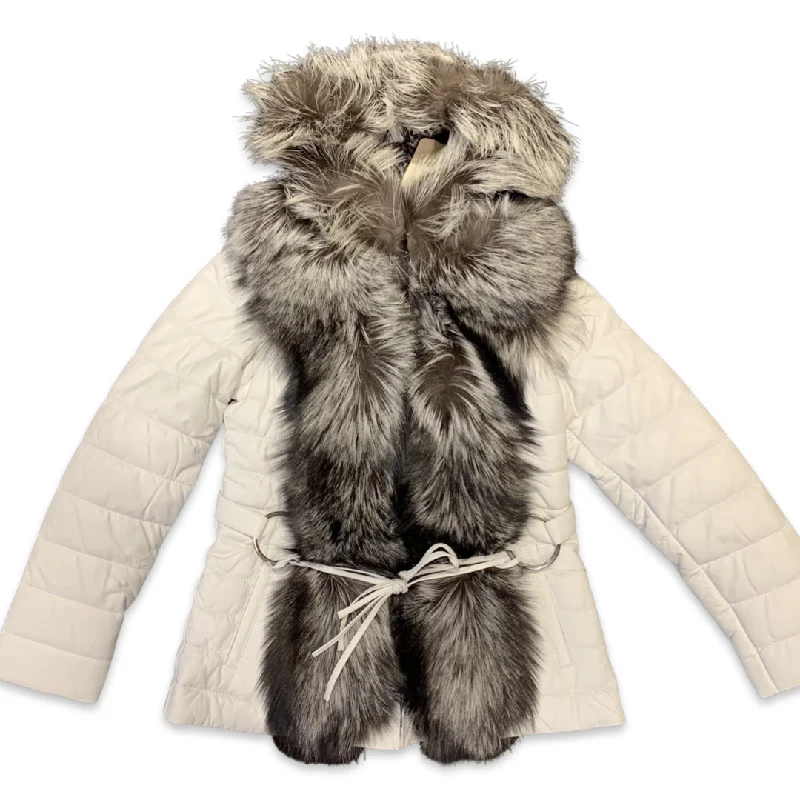 Barya NewYork Womens White Lambskin Fox Fur Coat Cotton Linen Terry