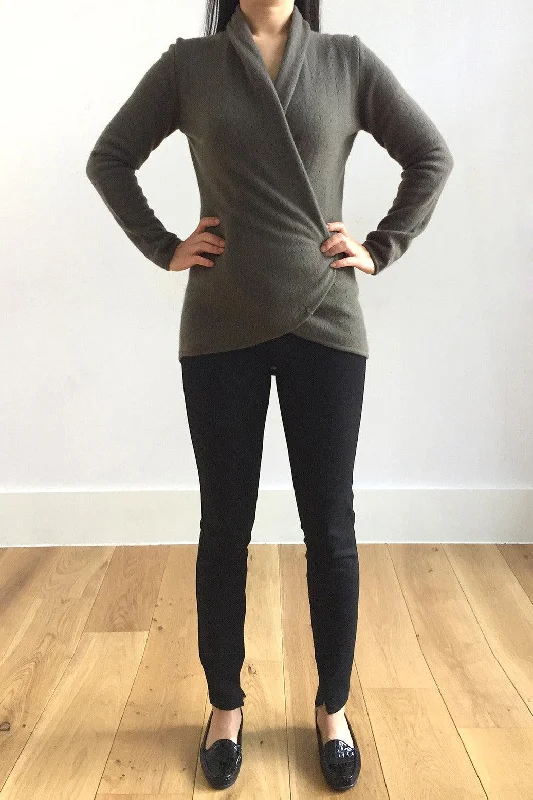Khaki Green Cashmere Cardigan - Pointelle Embroidered Appliqued Beaded