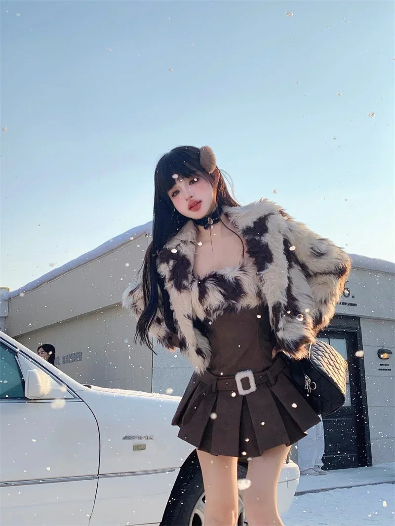 Yipinpay Hot Girl Suit Women's Autumn/Winter Faux Fur Short Coat Strap Slim Fit A-line Dress Two-piece Set Fashion Female Clothes Print Jacquard Embroidered Yipinpay Hot Girl Suit Women's Autumn/Winter Faux Fur Short Coat Strap Slim Fit A-line Dress Two-piece Set Fashion Female Clothes Print Jacquard Embroidered
