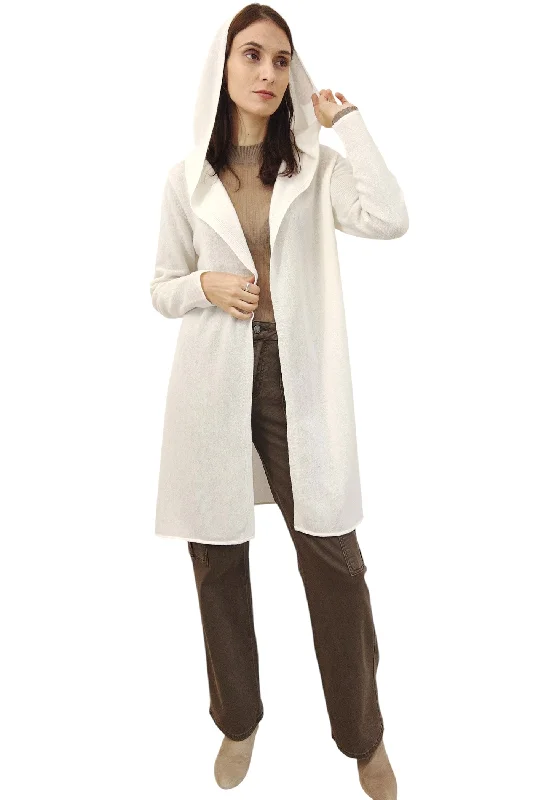 Long white cashmere cardigan - Hooded Glossy Satin Silk