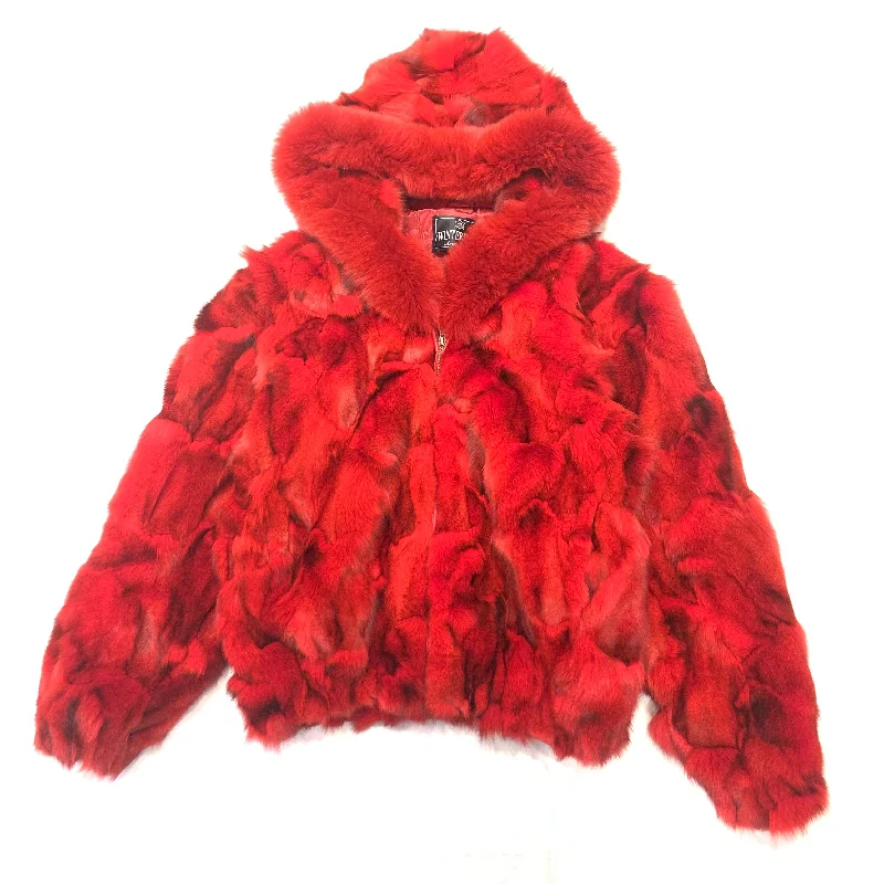 Kashani Women's Red Fox Fur Hooded Coat Herringbone Houndstooth Plaid