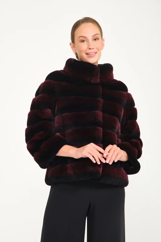 Burgundy Chinchilla Pattern Rex Fur Coat Asymmetrical Diagonal princess