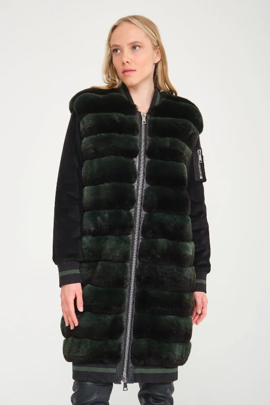 Emerald Green Long Rex Fur Coat empire Basque Peplum