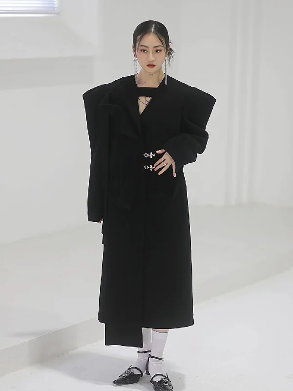 Power-Shoulder Long Coat Asymmetrical Collar Hooded Zippered