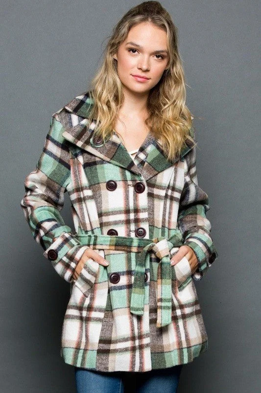 Plaid Wool Blend Coat Peter Pan Collar Cowl Neck Turtleneck