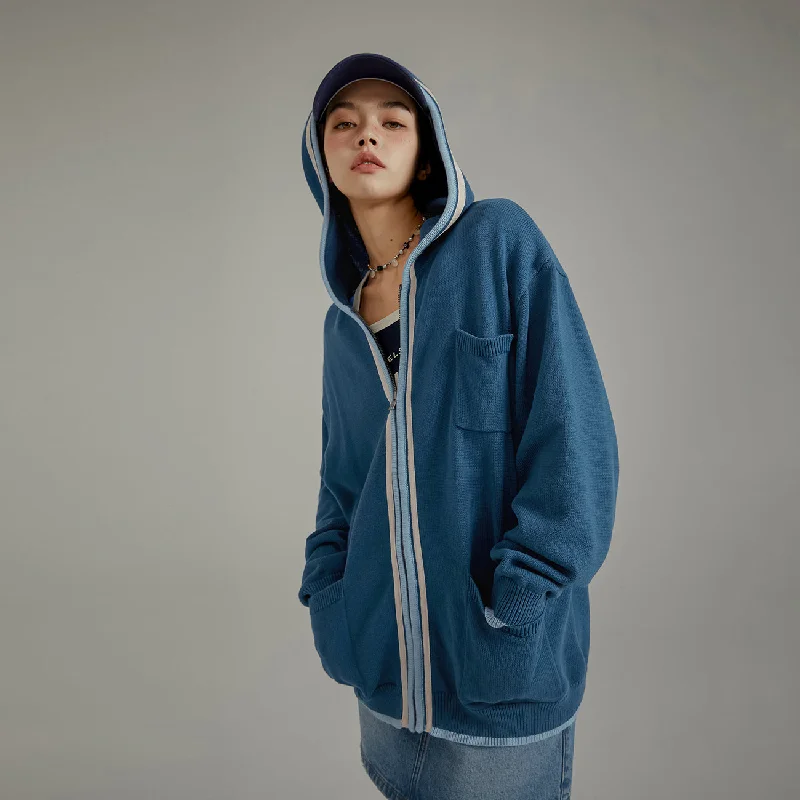Basic Hooded Pocket Knit Cardigan Chenille Brocade Lace