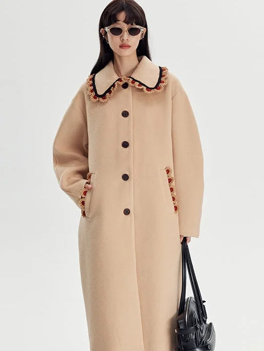 Wool Coat With Lace Lapel Stole Shawl Scarf