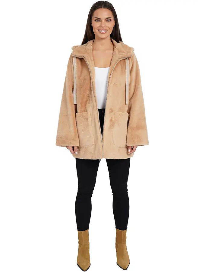 Love Token Faux Fur Coat with Hood Toggle Coat Shawl Collar Coat Notch Collar Coat