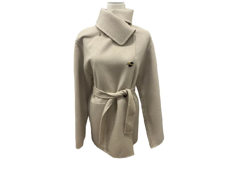 Hermes Leather Trim Cashmere Coat Nylon Polyester Spandex