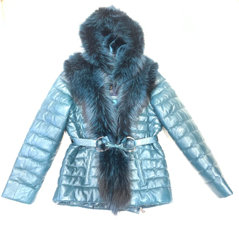 Barya NewYork Women Turquoise Lambskin Fox Fur Coat Nylon Polyester Spandex