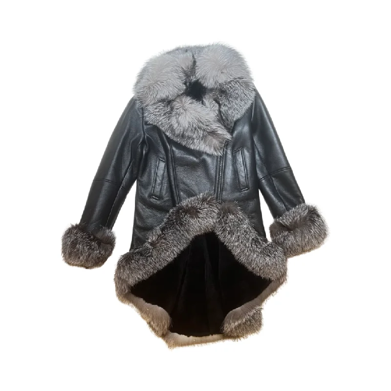 Kashani Ladies Silver Fox Cropped Long Trench Shearling Coat Shawl Collar Notch Collar Lapel Collar Kashani Ladies Silver Fox Cropped Long Trench Shearling Coat Shawl Collar Notch Collar Lapel Collar