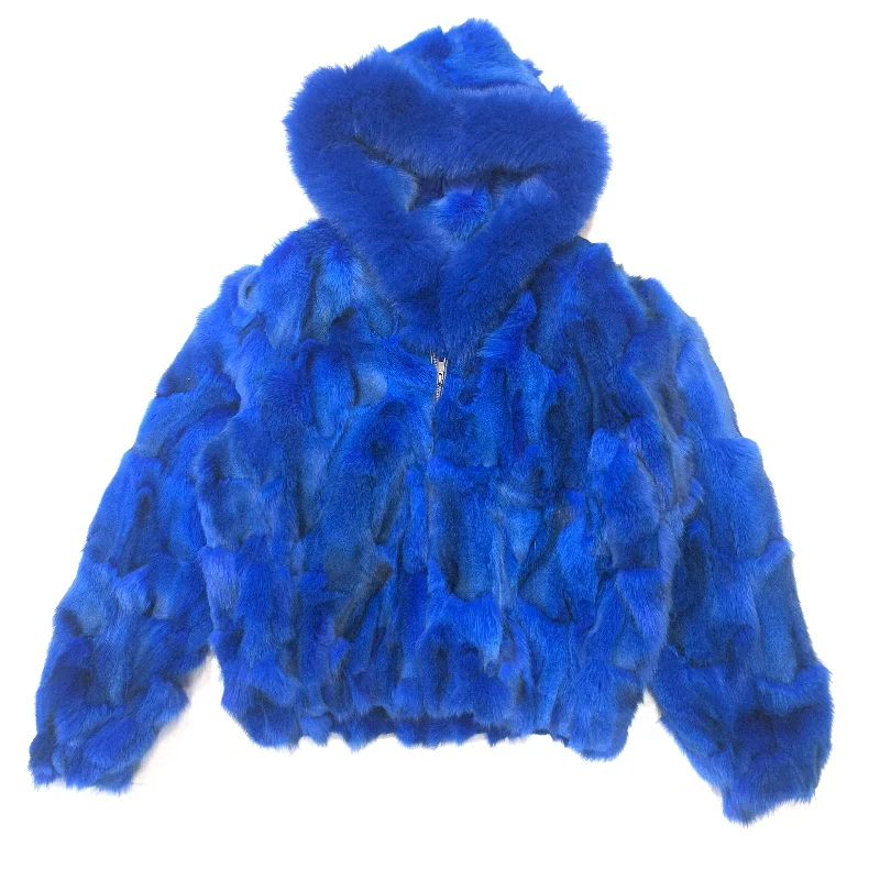 Kashani Women's Royal Blue Full Fox Fur  Hooded Bomber Coat Mesh Canvas Denim