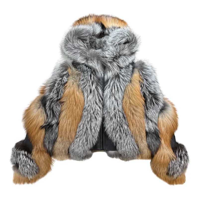 Kashani Ladies Silver/Red Fox Fur Hooded Coat Hooded Jacket Zipper Jacket Button Jacket Kashani Ladies Silver/Red Fox Fur Hooded Coat Hooded Jacket Zipper Jacket Button Jacket