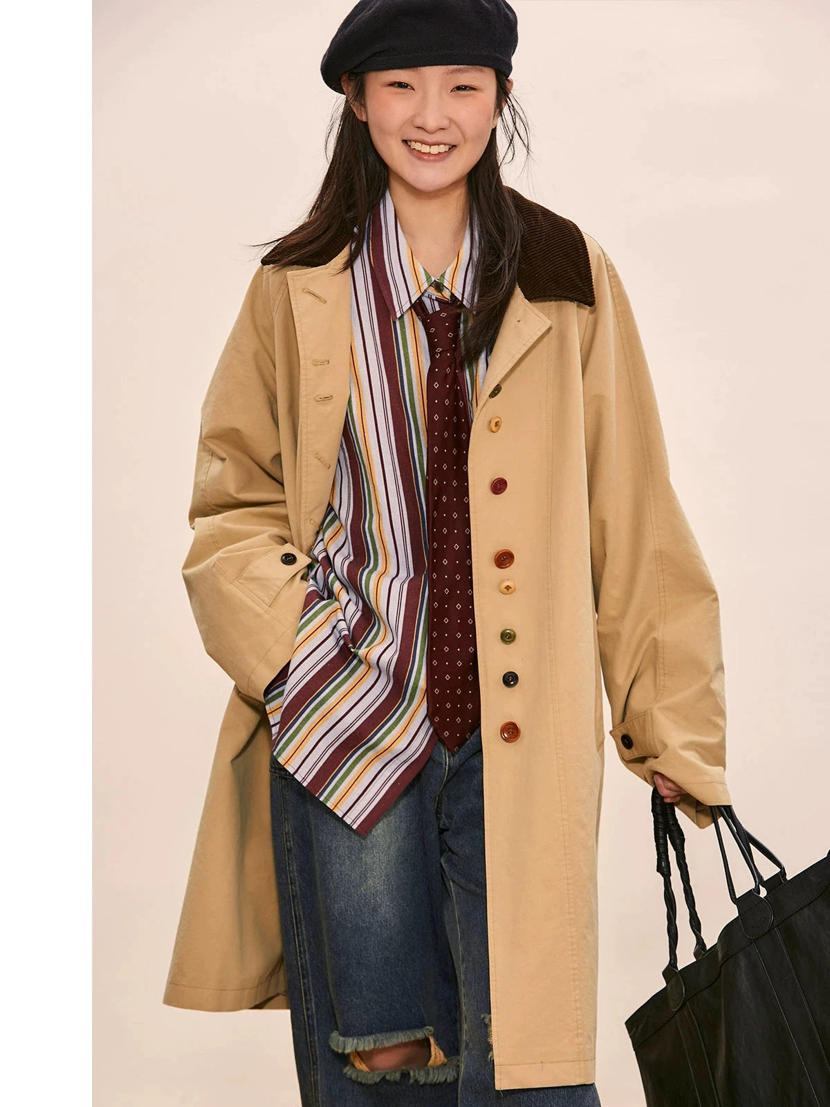 octopusme Vintage-Inspired Oversized Coat - Multi-Color Crew Neck V-Neck Boat Neck