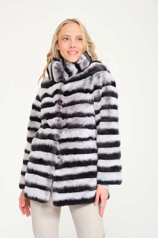 Natural Rex Fur Coat Collared Crew Neck Turtle Neck