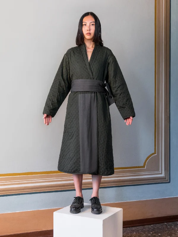 Kantha Hand-Embroidered Coat, Dark Green Cardigan Sweater Pullover