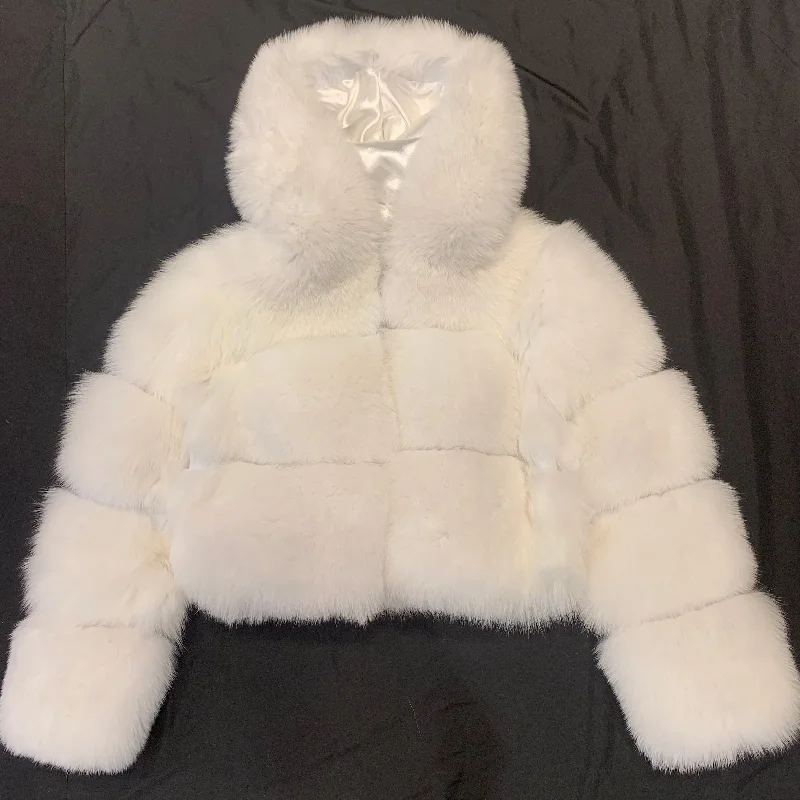 Barya NewYork Women's White Spliced Arctic Fox Fur Hooded Coat Rayon Velvet Corduroy Barya NewYork Women's White Spliced Arctic Fox Fur Hooded Coat Rayon Velvet Corduroy