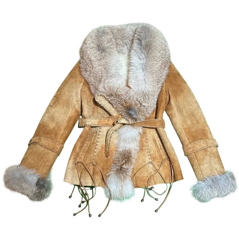 Kashani Women's Tan Hand Woven Crystal Fox Fur Shearling Coat Print Jacquard Embroidered Kashani Women's Tan Hand Woven Crystal Fox Fur Shearling Coat Print Jacquard Embroidered