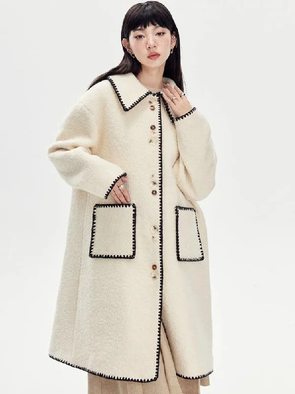 Embroidered Wool Lapel Coat Striped Polka Dot Floral