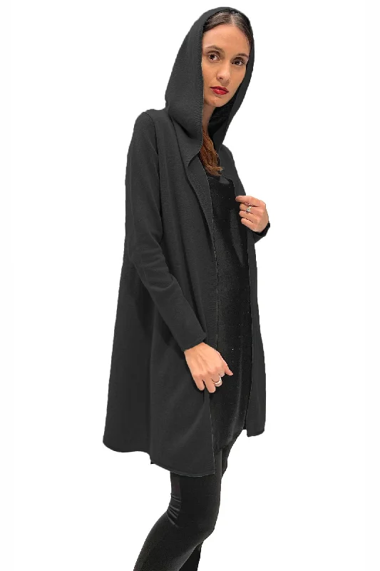 Long Cashmere Hooded Cardigan - Black Faux Fur Fabric Real Fur Fabric Shearling Fabric