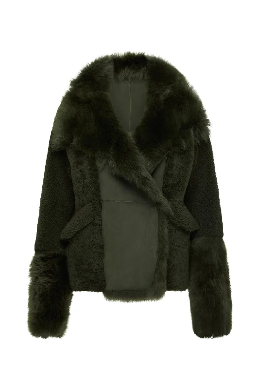 Spring Street Shearling Coat Moss Green Shearling Raincoat Turtleneck Coat Wrap Coat