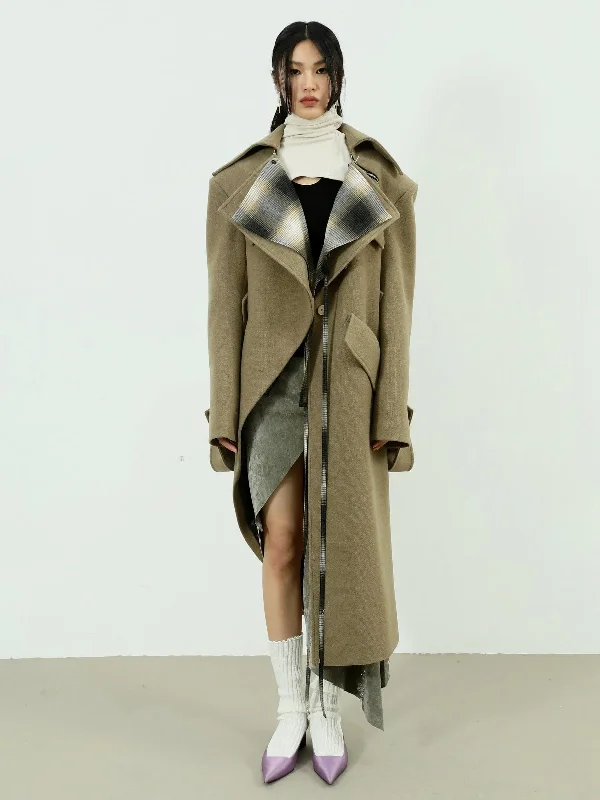 Asymmetric Woolen Coat With Faux Layered Look Peter Pan Collar Cowl Neck Turtleneck