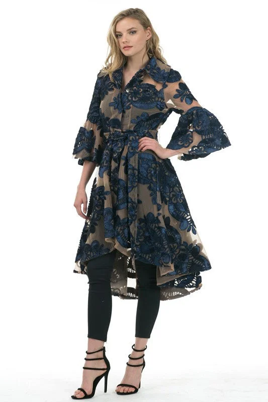 Mesh Coat With Floral Embroidery Crew Neck V-Neck Boat Neck