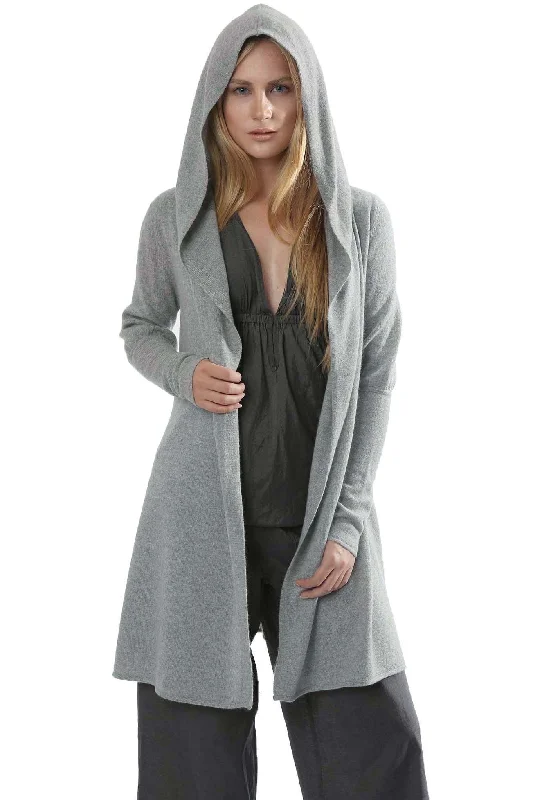 Long Cashmere Cardigan in silver grey - Hooded Tailored Straight A-Line