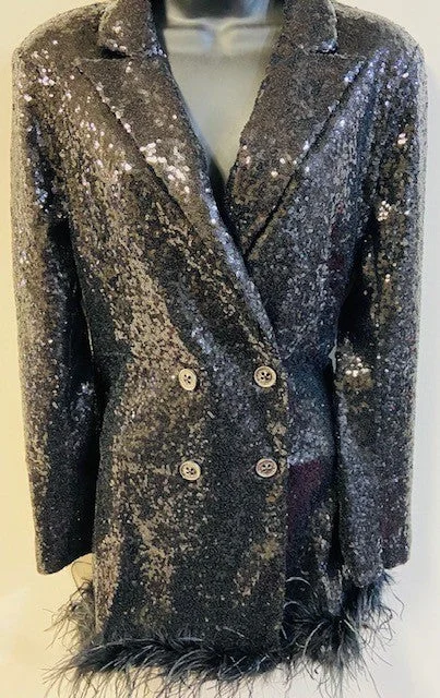 BLACK SEQUIN FEATHER DOUBLE BUTTON JACKET Ribbed Jacket Pleated Jacket Ruffled Jacket