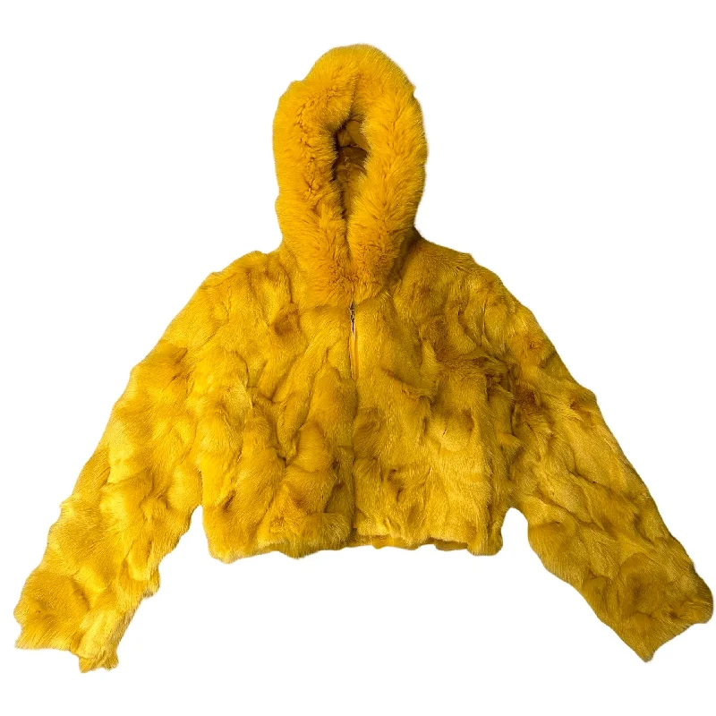 Kashani Ladies Yellow Hooded Fox Fur Coat Tie-Waist Belted Drawstring