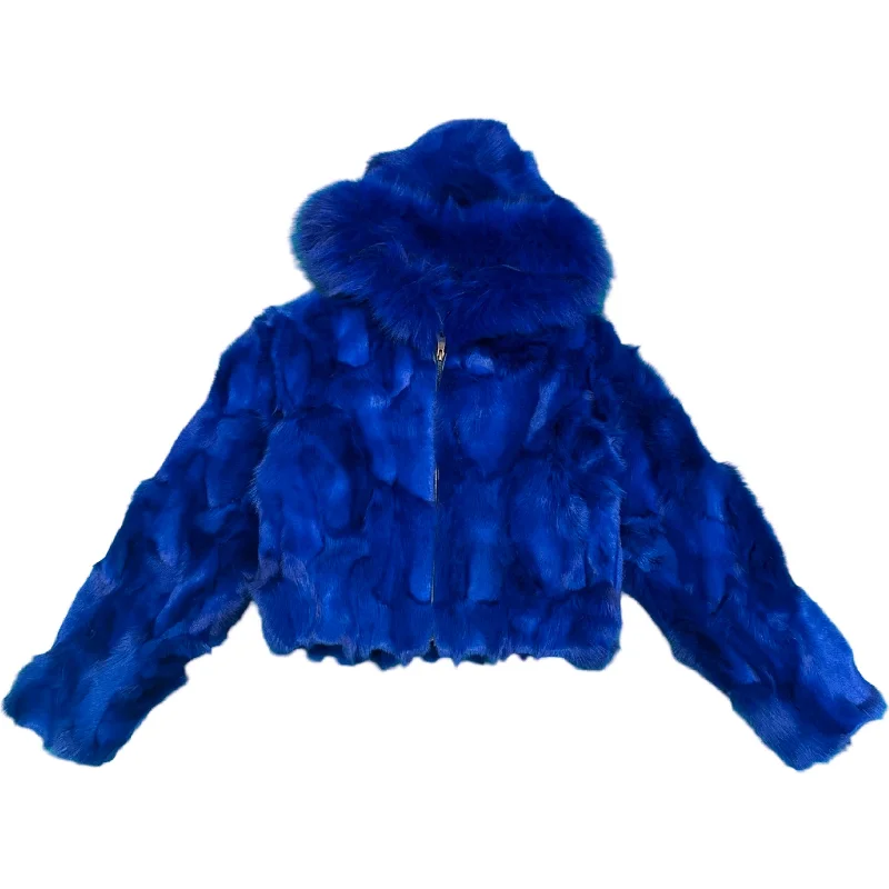 Kashani Women's Royal Blue Fox Fur Cropped Coat Bomber Jacket Denim Jacket Leather Jacket Kashani Women's Royal Blue Fox Fur Cropped Coat Bomber Jacket Denim Jacket Leather Jacket