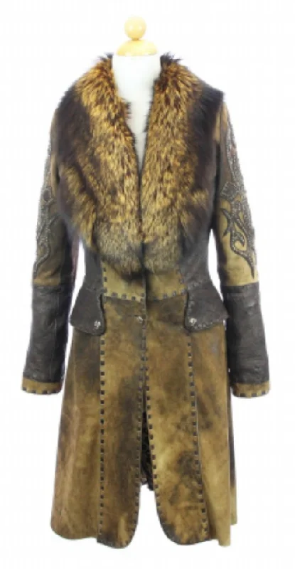 Hoss Couture Women's Natural Suede Fox Fur Swarovski Crystal Trench Coat empire Basque Peplum Hoss Couture Women's Natural Suede Fox Fur Swarovski Crystal Trench Coat empire Basque Peplum