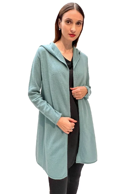 Long Cashmere Hooded Cardigan in Green duck egg Front Pockets Side Pockets Patch Pockets