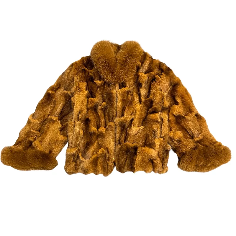 Kashani Ladies Whisky Diamond Cut Fox Fur Coat Asymmetrical Collar Hooded Zippered