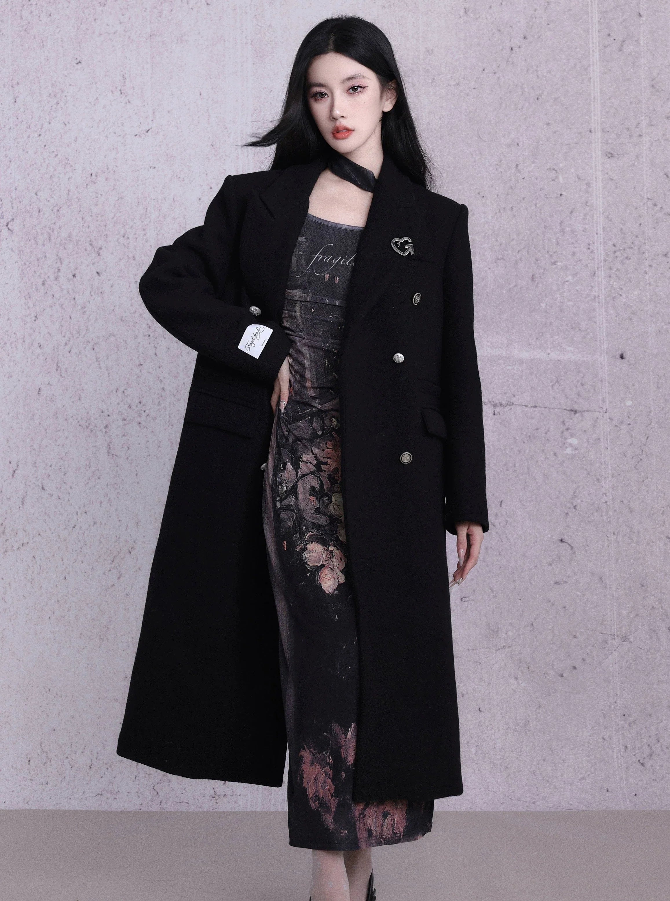 Classic Black Double-Breasted Longline Wool Coat with Silver Buttons Sleeveless Short Sleeve Long Sleeve