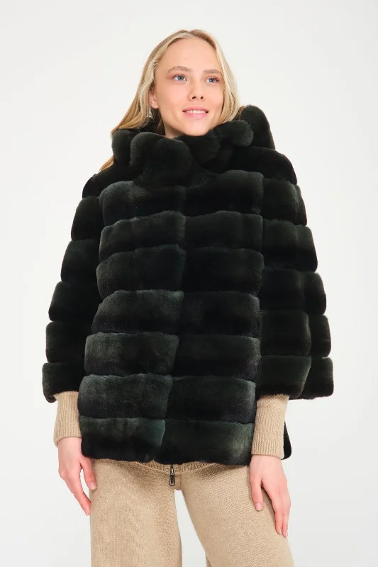 Emerald Green Rex Fur Coat Three-Quarter Sleeve Elbow Sleeve Wrist Sleeve