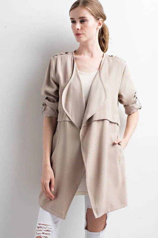 Solid Open Front Trench Coat Parka Down Jacket Wool Coat