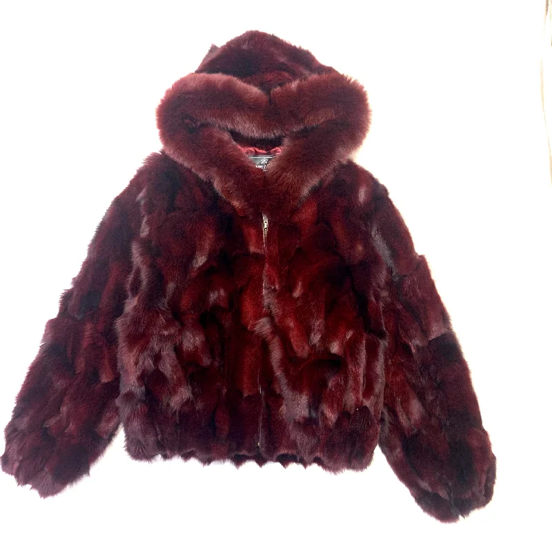 Kashani Women's Wine Full Fox Fur  Hooded Bomber Coat Jersey Tulle Batik