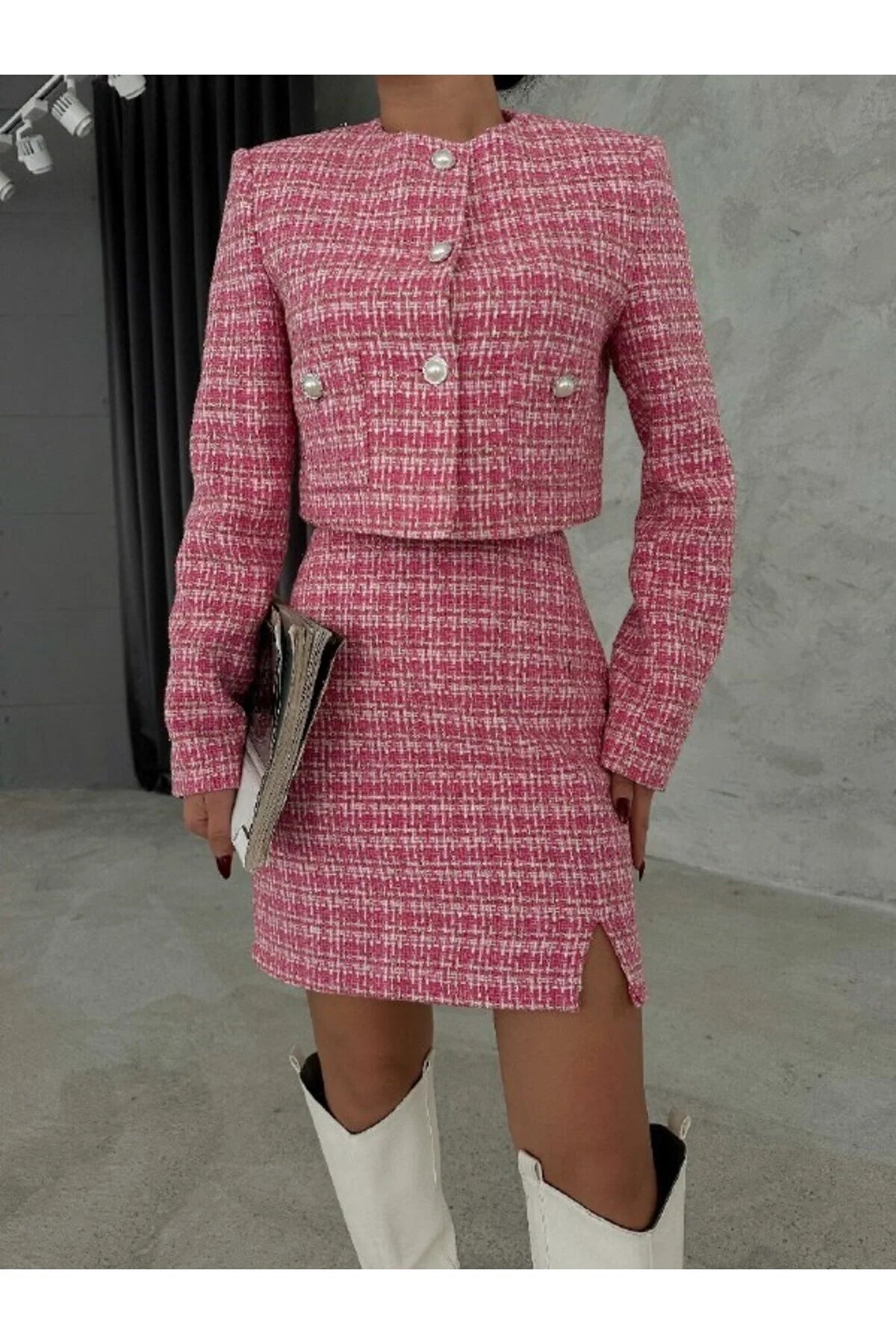 The Champ Clothing Women's Fabric Pearl Button Slit Skirt Jacket Sets Ribbed Jacket Pleated Jacket Ruffled Jacket The Champ Clothing Women's Fabric Pearl Button Slit Skirt Jacket Sets Ribbed Jacket Pleated Jacket Ruffled Jacket