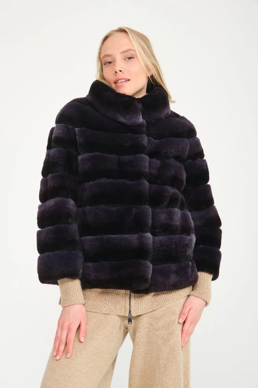 Dark Blue Rex Fur Coat Cuffed Rolled Raglan
