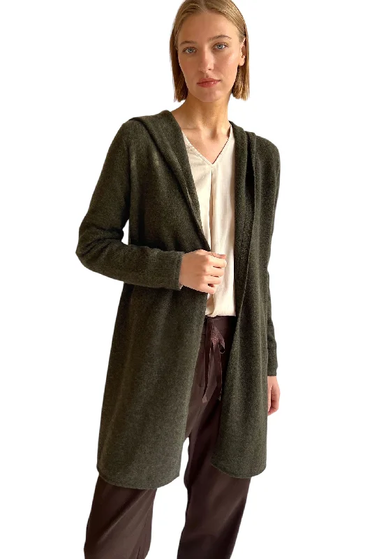 Long cashmere cardigan in dark olive green - Hooded Soft Cozy Warm
