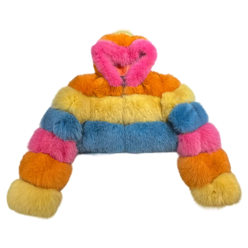 Kashani Women's Cotton Candy Hooded Fox Fur Coat Houndstooth Jacket Shearling Jacket Fleece Jacket Kashani Women's Cotton Candy Hooded Fox Fur Coat Houndstooth Jacket Shearling Jacket Fleece Jacket