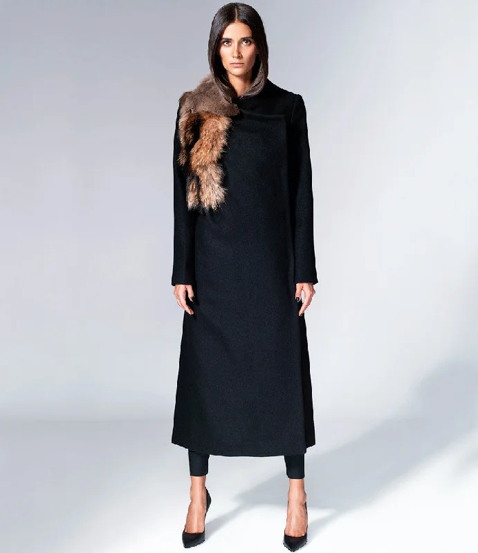 Woolen Coat with Fur Trapeze Tunic Caftan