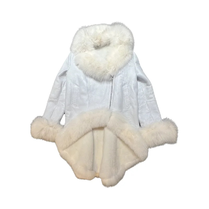 Kashani Ladies White Fox Cropped Long Trench Shearling Coat Lapel Coat Peter Pan Collar Coat Cowl Neck Coat Kashani Ladies White Fox Cropped Long Trench Shearling Coat Lapel Coat Peter Pan Collar Coat Cowl Neck Coat