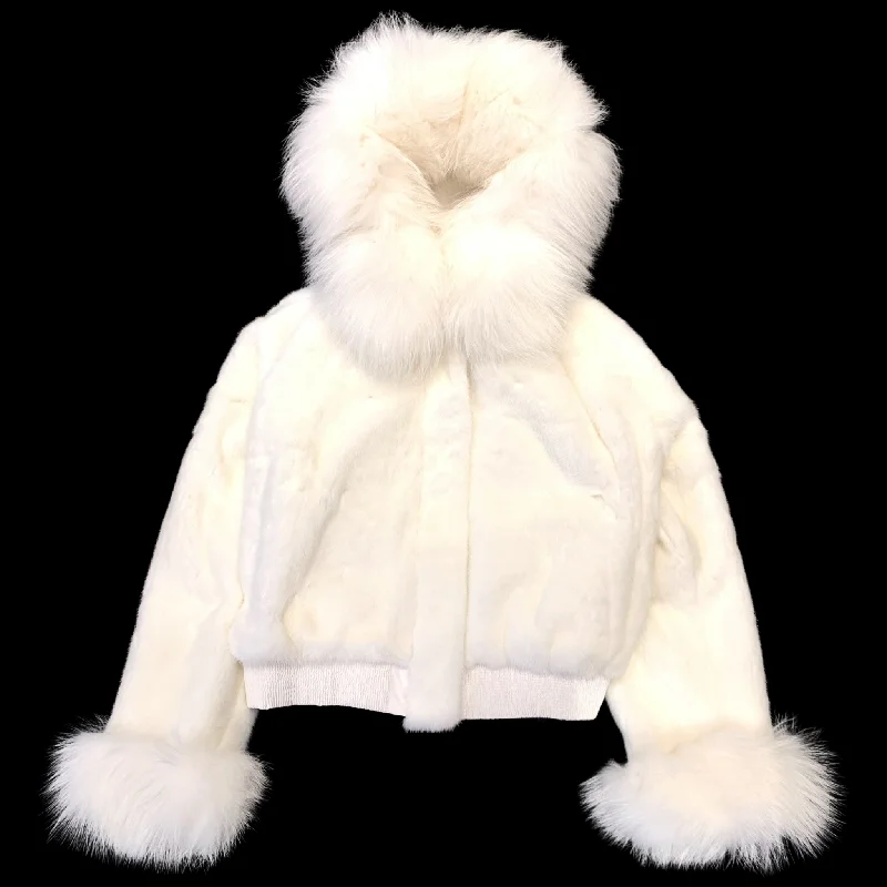 Kashani Ladies White Full Mink Fox Fur Hooded Coat Boat Shawl Notched