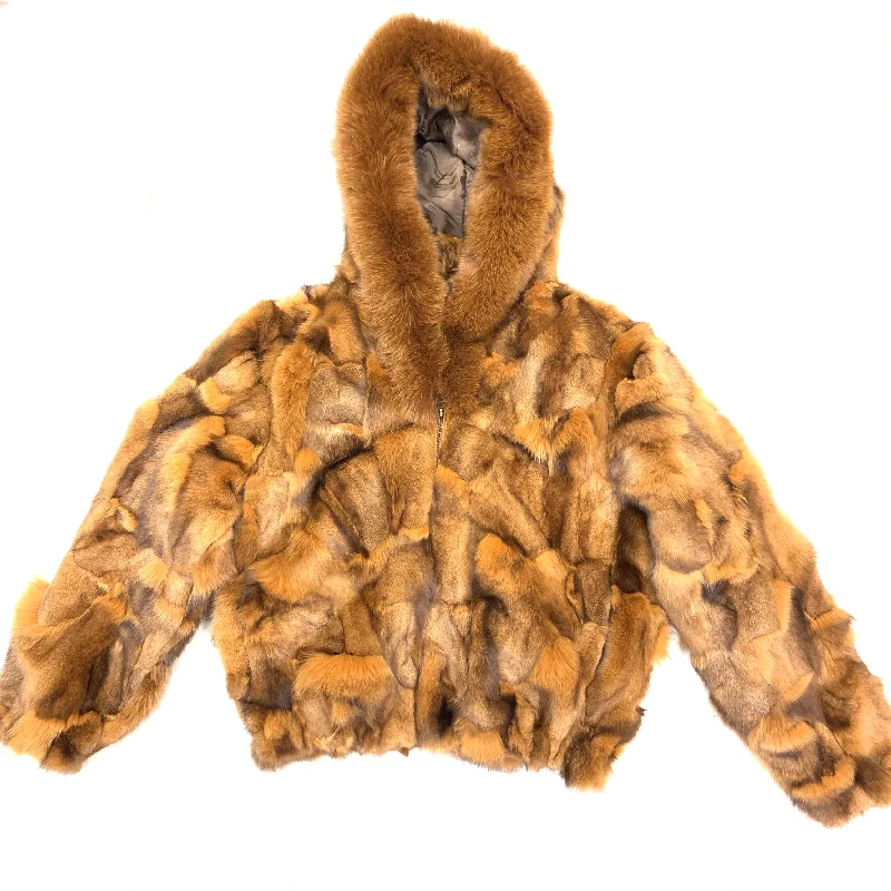 Kashani Women's Whiskey Full Fox Hooded Fur Coat Sequined Lace Ribbed