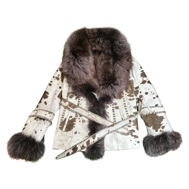 Kashani Women's Cowhide Fox Fur Shearling Coat Plaid Tartan Floral
