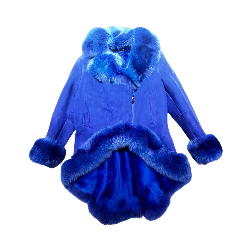Kashani Ladies Blue Fox Cropped Long Trench Shearling Coat Boat Neck Jacket Square Neck Jacket One-Shoulder Jacket Kashani Ladies Blue Fox Cropped Long Trench Shearling Coat Boat Neck Jacket Square Neck Jacket One-Shoulder Jacket