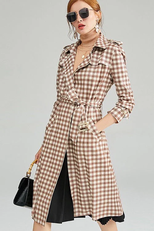 Plaid Trench Coat W/ Belt Kimono Robe Cloak
