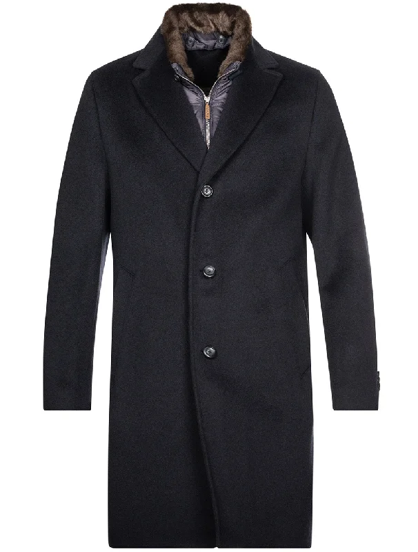 Rick Coat With Fur Collar And Insert Navy Hooded Jacket Zipper Jacket Button Jacket